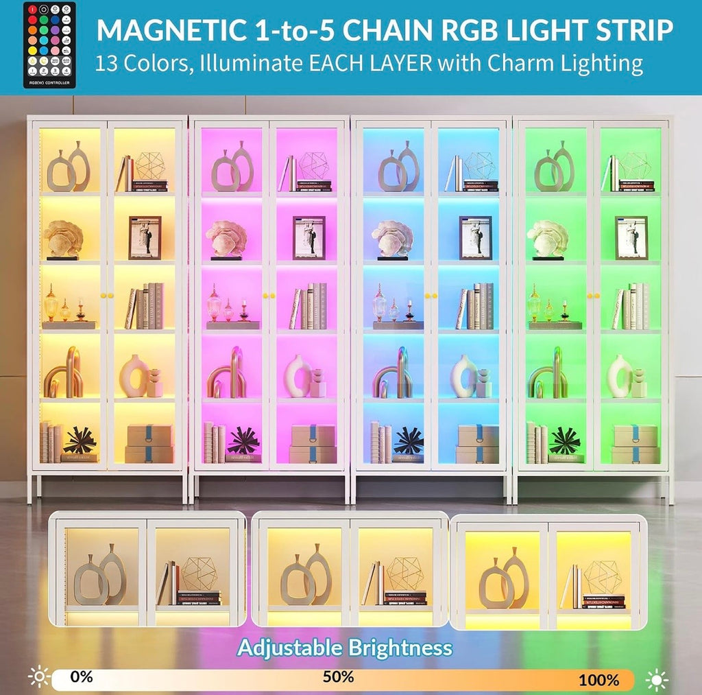 5-Tier Glass Display Cabinet with 13 Color Lights, 67" H
3-Sided Tempered Glass, 60lb/Shelf, Magnetic LED Strip, Adjustable Shelves, Metal Frame, White Curio Cabinet