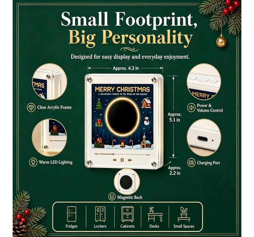 Christmas Vinyl Record Fridge Magnets Music Box Set, 9 PC NFC Programmable Mini Player, Retro Jingle Bell Desk Decor & Custom Storage Gift