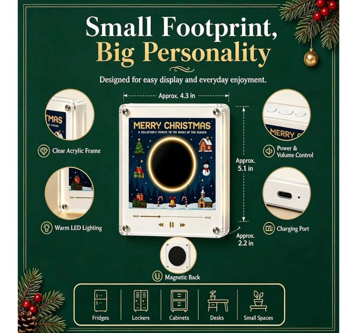 Christmas Vinyl Record Fridge Magnets Music Box Set, 9 PC NFC Programmable Mini Player, Retro Jingle Bell Desk Decor & Custom Storage Gift