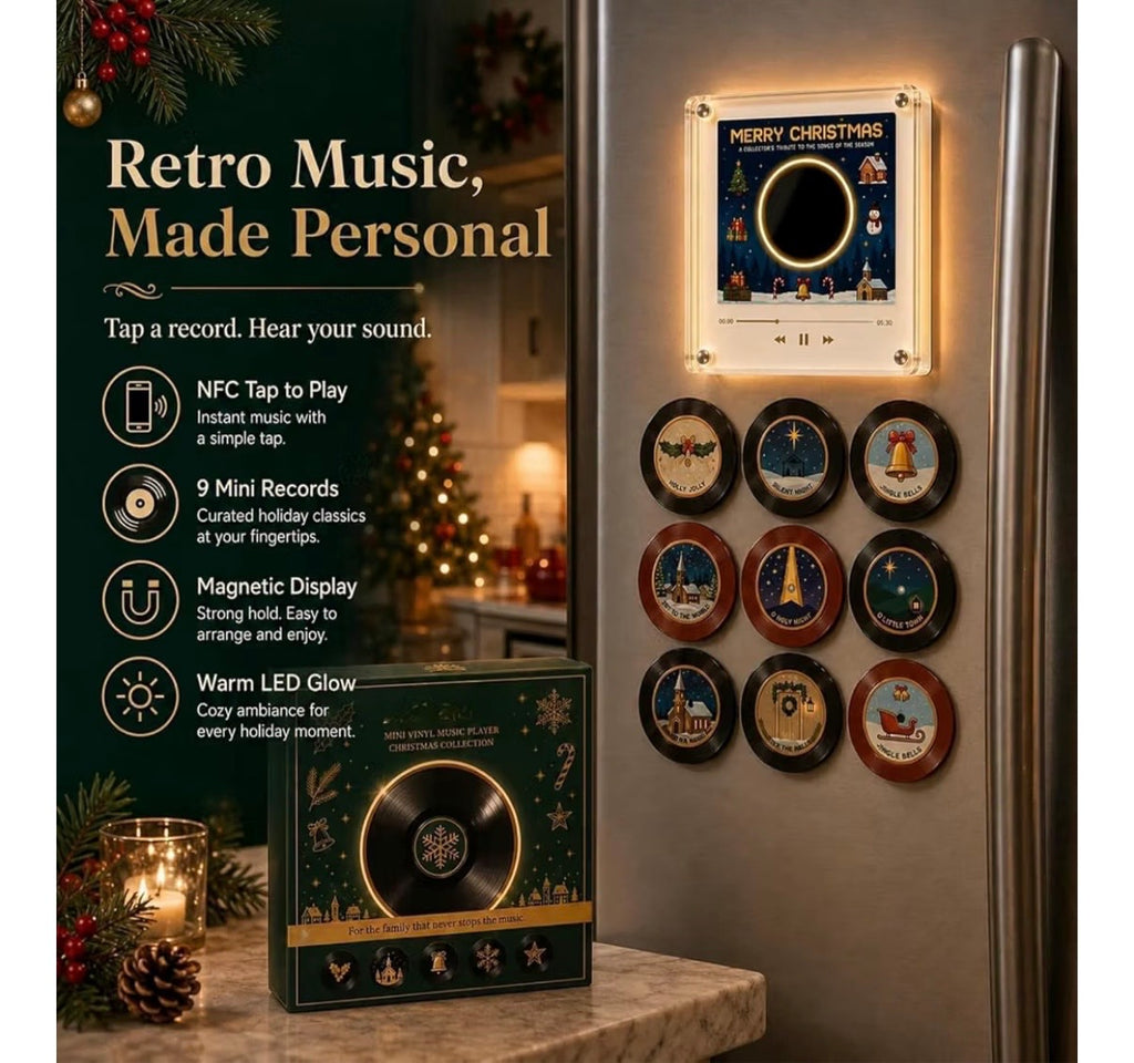 Christmas Vinyl Record Fridge Magnets Music Box Set, 9 PC NFC Programmable Mini Player, Retro Jingle Bell Desk Decor & Custom Storage Gift