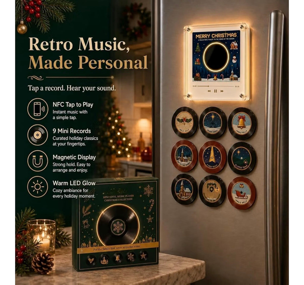Christmas Vinyl Record Fridge Magnets Music Box Set, 9 PC NFC Programmable Mini Player, Retro Jingle Bell Desk Decor & Custom Storage Gift