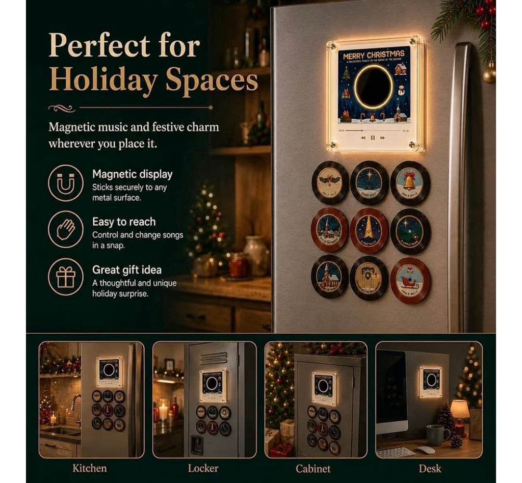 Christmas Vinyl Record Fridge Magnets Music Box Set, 9 PC NFC Programmable Mini Player, Retro Jingle Bell Desk Decor & Custom Storage Gift
