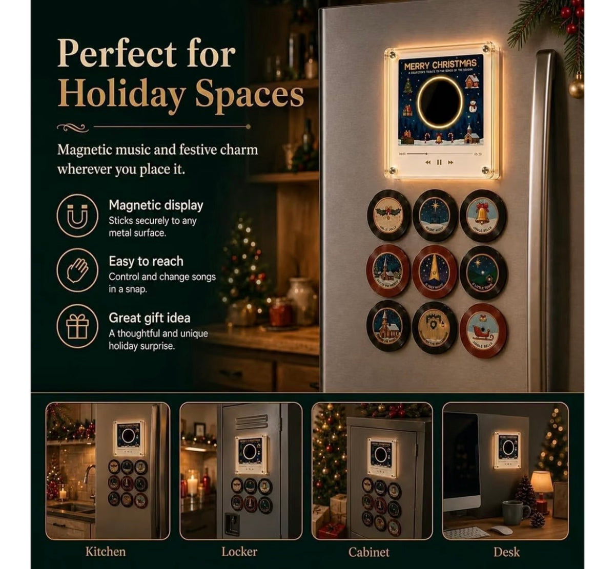 Christmas Vinyl Record Fridge Magnets Music Box Set, 9 PC NFC Programmable Mini Player, Retro Jingle Bell Desk Decor & Custom Storage Gift