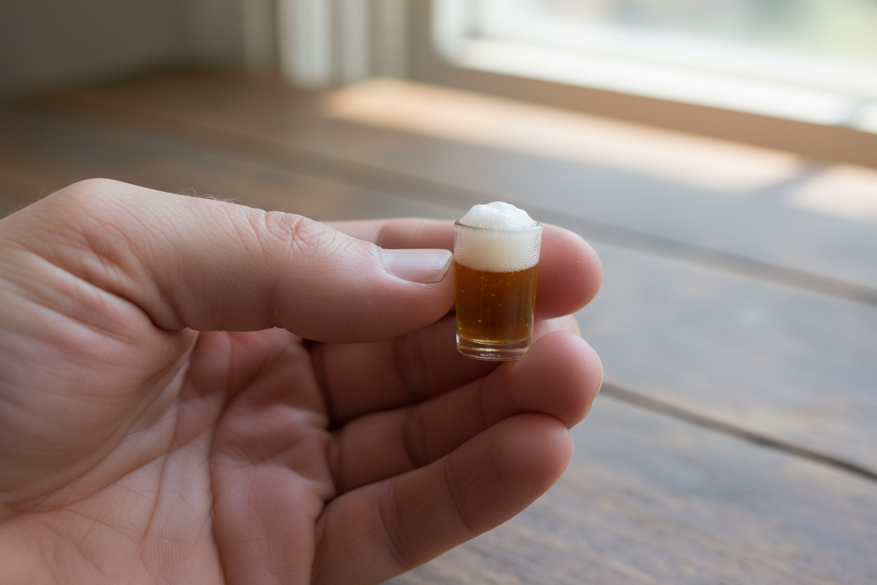 miniature beer on the hand