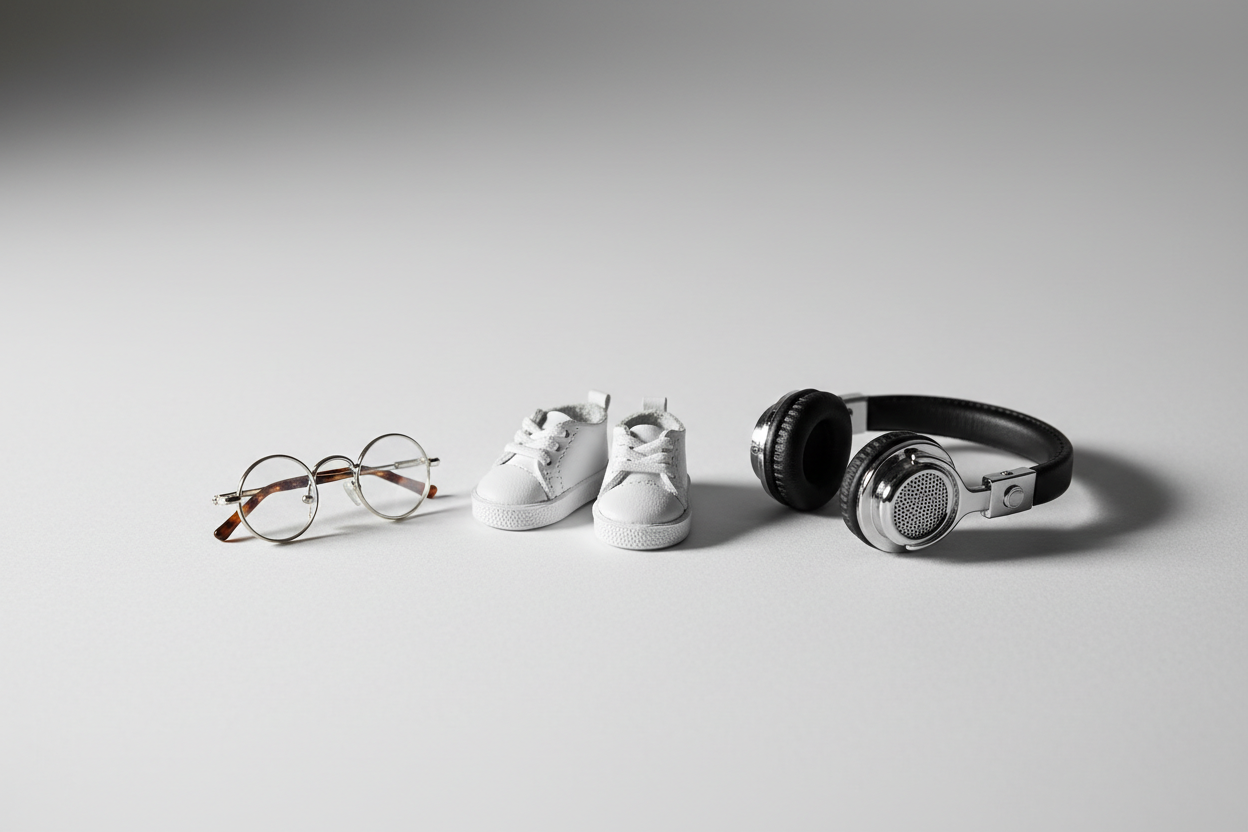 miniature Shoes and Glasses and Headphones